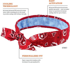 Cooling Bandana, Red Western, Lined with Evaporative PVA Material for Fast Cooling Relief, Tie for Adjustable Fit, Ergodyne 6700CT