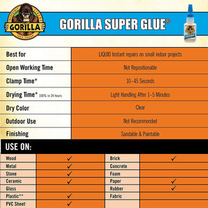 Gorilla Super Glue 15 Gram, Clear, (9 Pack)