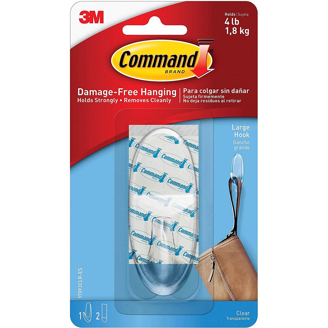 3M Command 17093CLRES Adhesive Hanging Hook, Large, Holds 4lbs, Clear