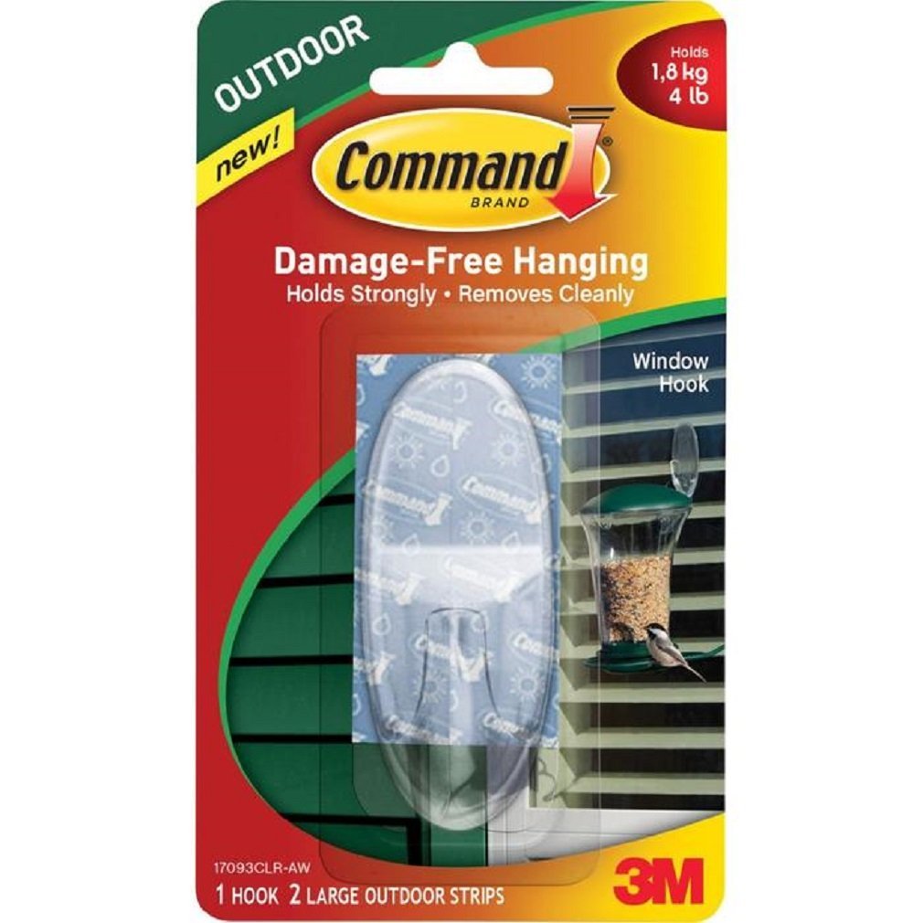 Command Large Clear Outdoor Window Hook, 3 Piece (1 Hook, 2 Strips)