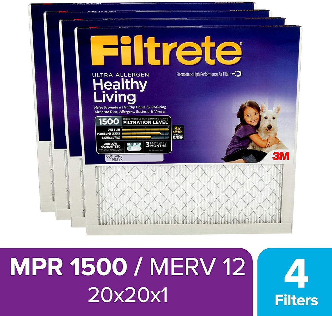 Filtrete 20x20x1, AC Furnace Air Filter, MPR 1500, Healthy Living Ultra Allergen, 4-Pack