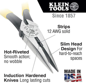 Klein Tools J203-8N Long Nose Side-Cutter Stripping Pliers, Induction Hardened and Heavier For Increased Cutting Power, 8-Inch