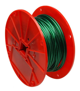 Galvanized Steel Wire Rope on Reel, Vinyl Coated, 1x7 Strand, Green, 1/16" Bare OD, 1/8" Coated OD, 250' Length, 28 lbs Breaking Strength